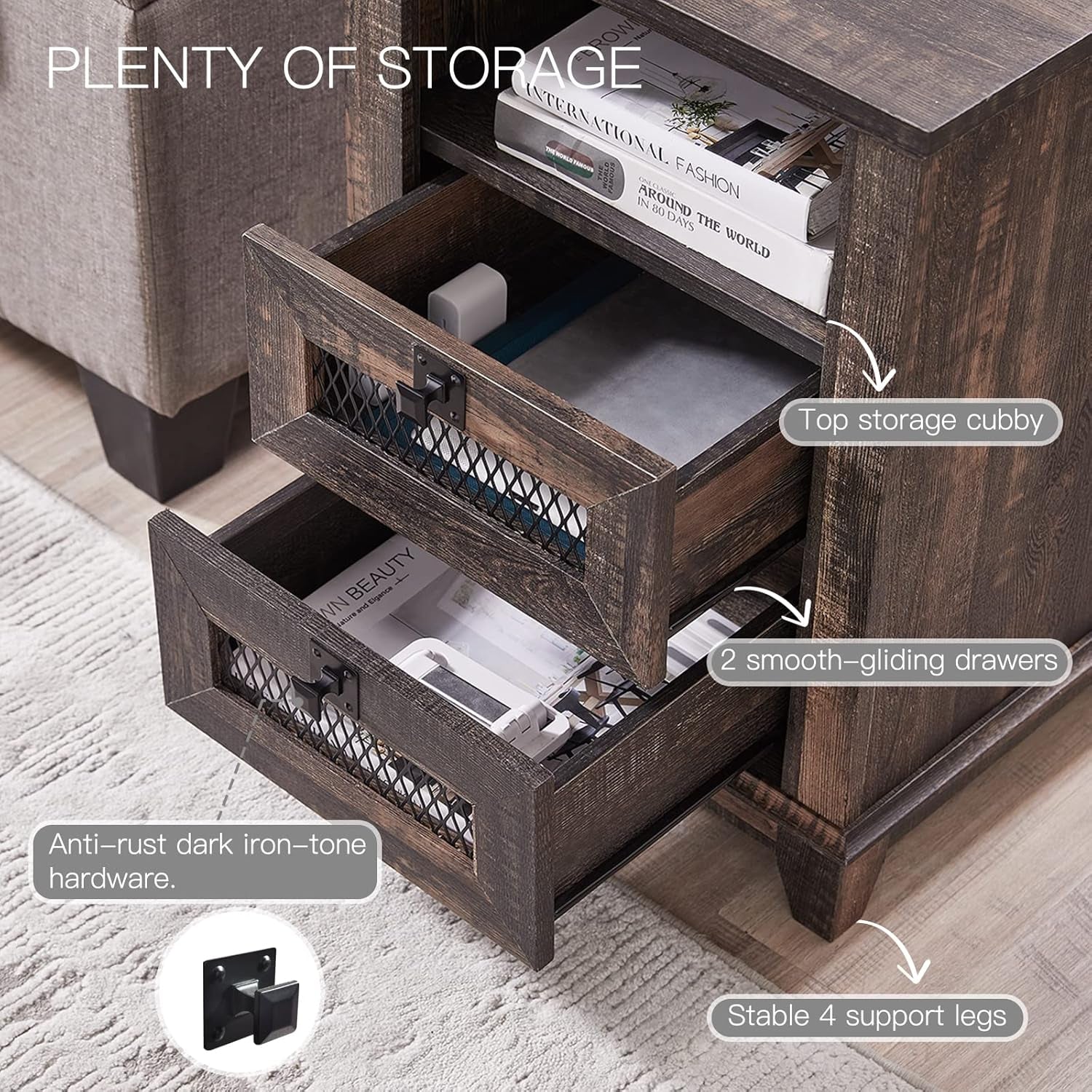 Nightstand with Charging Station, 18'' Industrial & Farmhouse End Table with 2 Drawers & Open Cubby, Rustic Mesh Drawer Sofa Side Table W/Storage for Bedroom, Living Room, Office, Dark Rustic Oak