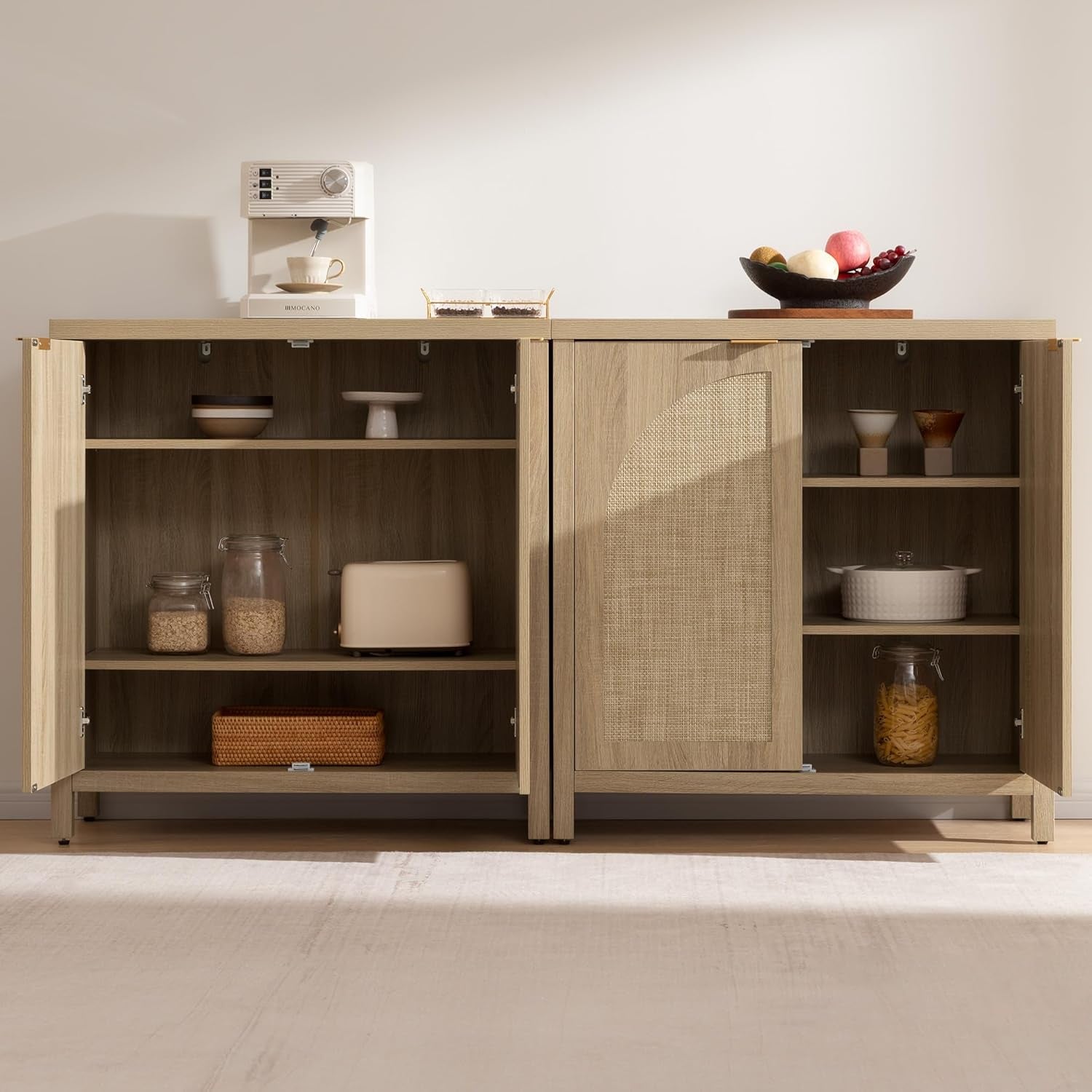 68" W Rattan Sideboard Buffet Cabinet with Storage Set of 2, Mid Century Modern Credenza with Arch Doors & Shelves Boho Coffee Bar Media Console Cabinets for Kitchen, Living Room, Entryway