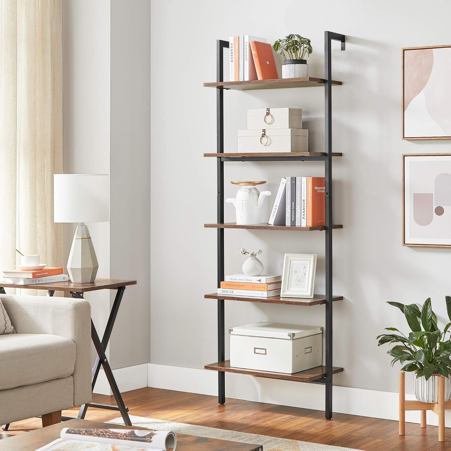Industrial Ladder Shelf, 5-Tier Bookshelf, Wood Wall Mounted Shelf, Storage Rack Display Shelves for Living Room, Home Office, 23.6 X 11.8 X 67.7 Inches, Rustic Brown and Black ULLS102B01