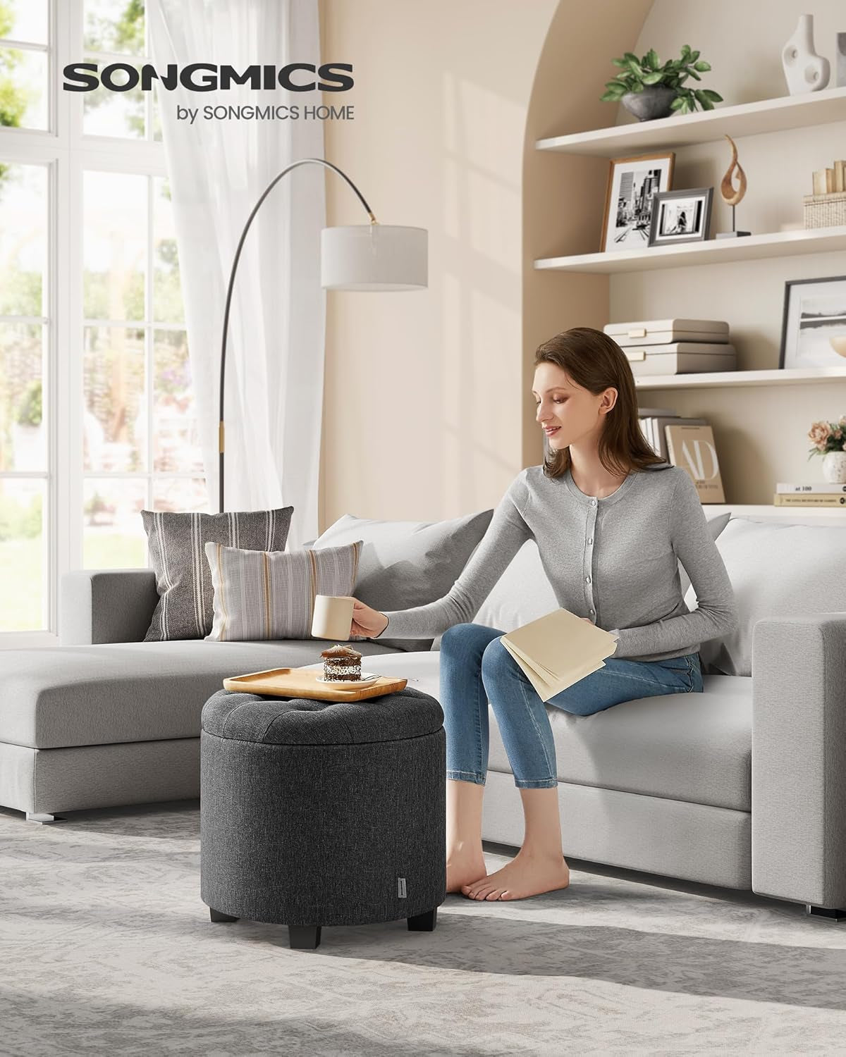 round Ottoman, Ottoman with Storage, 17.7 Dia. X 17.5 H Inches Foot Rest with Legs, Load up to 330 Lb, for Living Room, Bedroom, Dark Gray ULOM011G01