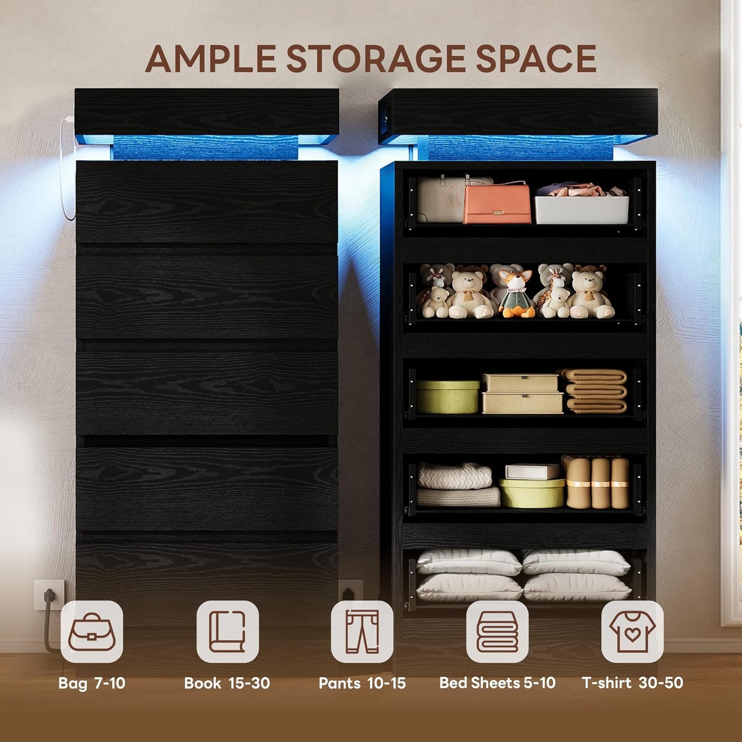 54" Tall 5 Drawer Dresser for Bedroom, Black Dresser with LED Light and Power Outlet, Wood Modern Chest of Drawers for Living Room, Entryway, Hallway