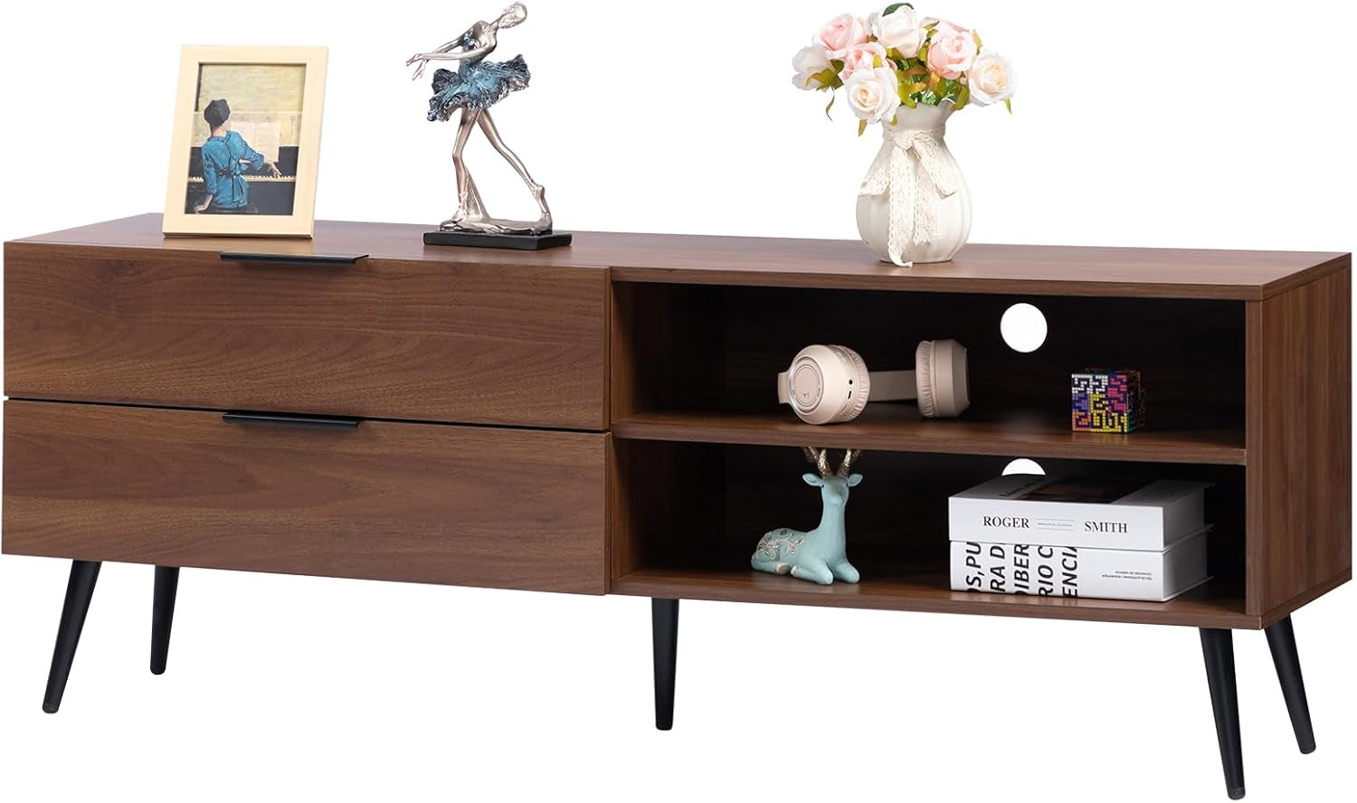 Wood TV Stand for Tvs up to 65", Mid Century TV Stand with Storage, Modern Entertainment Center with 2 Drawers, Accent TV Media Console Table for Living Room, 53"(L), Retro Brown