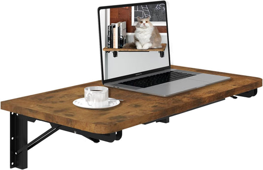 Wall Mounted Folding Table, Rustic Brown Floating Wall Desk for Small Spaces, Drop Leaf Dining Table for Kitchen Fold down Laundry Shelf with Heavy-Duty Brackets