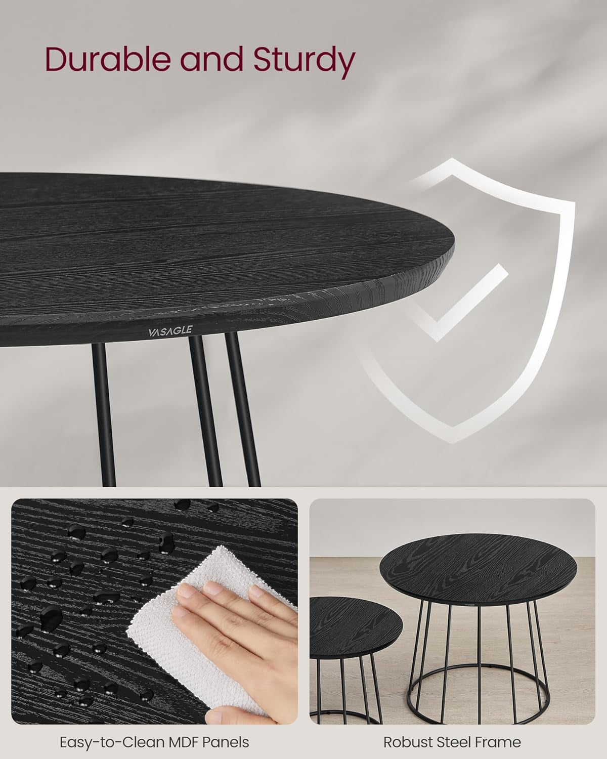 round Coffee Tables, Set of 2, Modern Circle Side Tables with Steel Frame, for Living Room, Bedroom, Ebony Black ULCT045B56