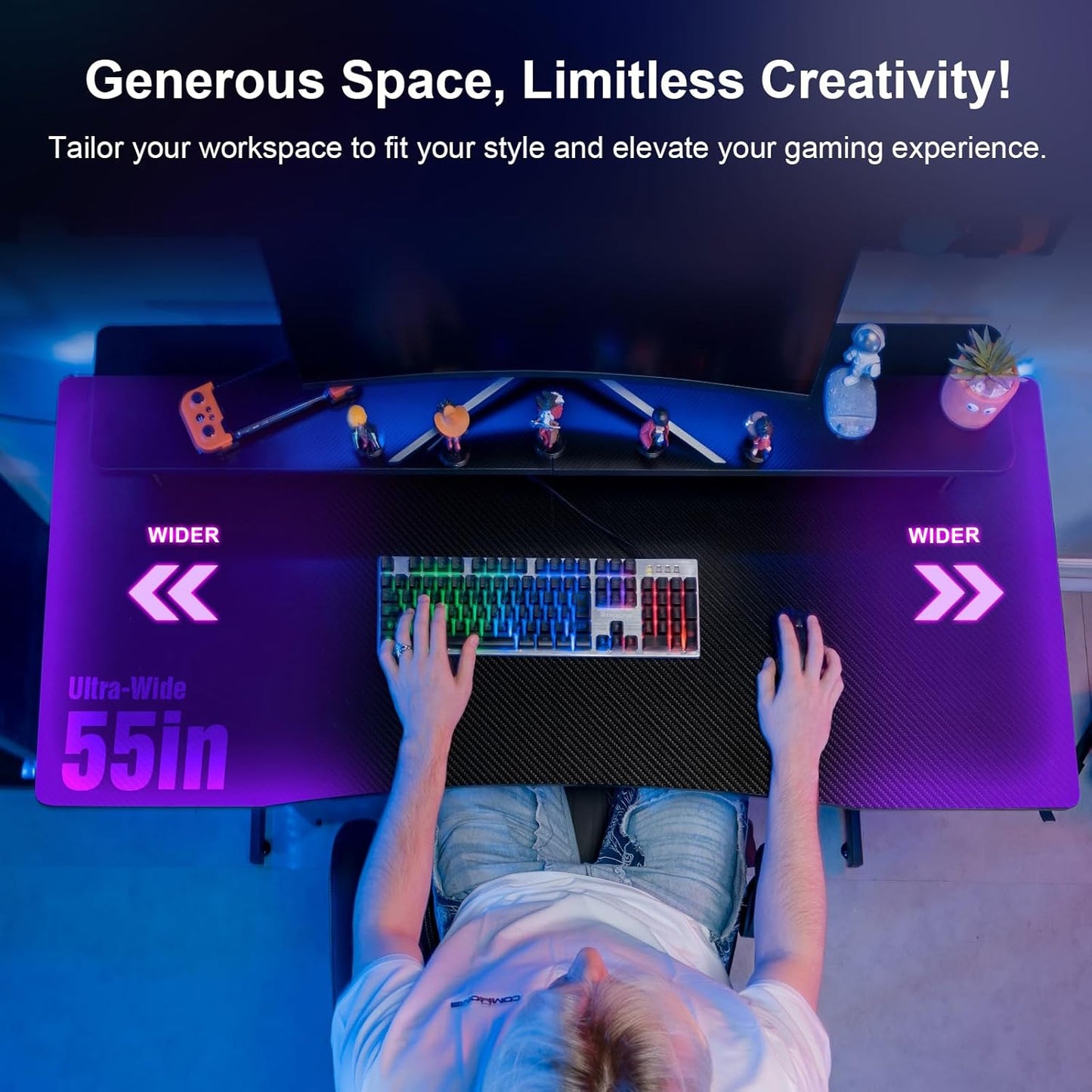 55 Inch Gaming Desk, Computer Gamer Desk with Monitor Stand, Ergonomic Carbon Fiber Surface Gaming Table with Power Outlet and Mouse Pad for Home Office, Colorful