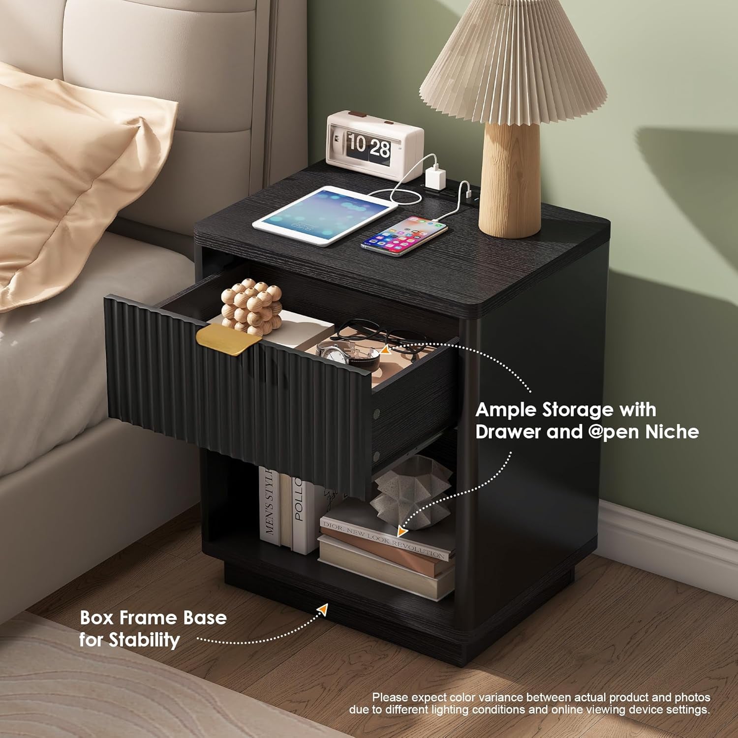 Fluted Nightstand Charging Station,Wood Modern Night Stands Storage Cabinet for Bedroom, Black Bedside Table with Drawers