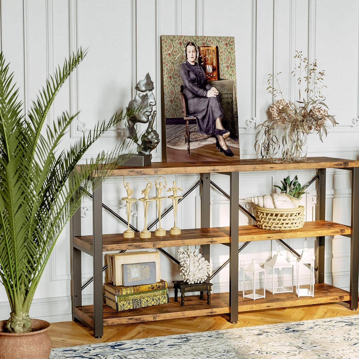 Bookshelf Double Wide 55 in 3-Tier, Industrial Bookcases, Wood and Metal Bookshelves, Book Shelves for Home Office Decor Display