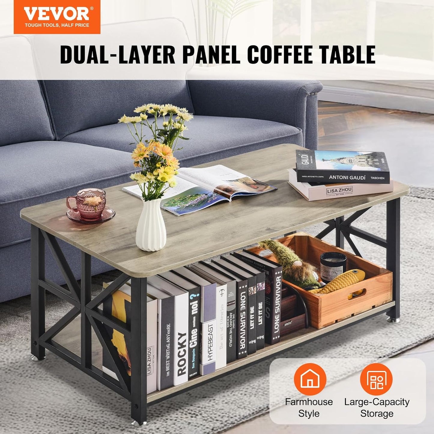 40" Farmhouse Coffee Table, Rectangle Coffee Table with Open Storage Compartment, Wooden Rustic Cocktail Table for Living Room, Bedroom, Apartment, Studio, Brown & Black
