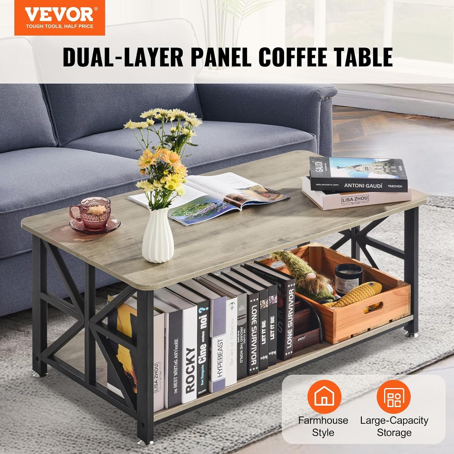 40" Farmhouse Coffee Table, Rectangle Coffee Table with Open Storage Compartment, Wooden Rustic Cocktail Table for Living Room, Bedroom, Apartment, Studio, Brown & Black