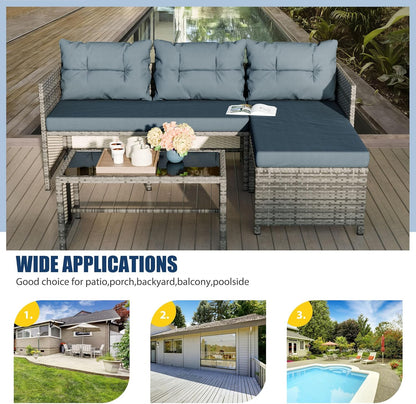3 Pieces Patio Furniture Sets, All-Weather Wicker Outdoor Sofa Couch Sectional Set, Small Conversation Set for Patio, Garden W/Cushion, Glass Table, (Blue)
