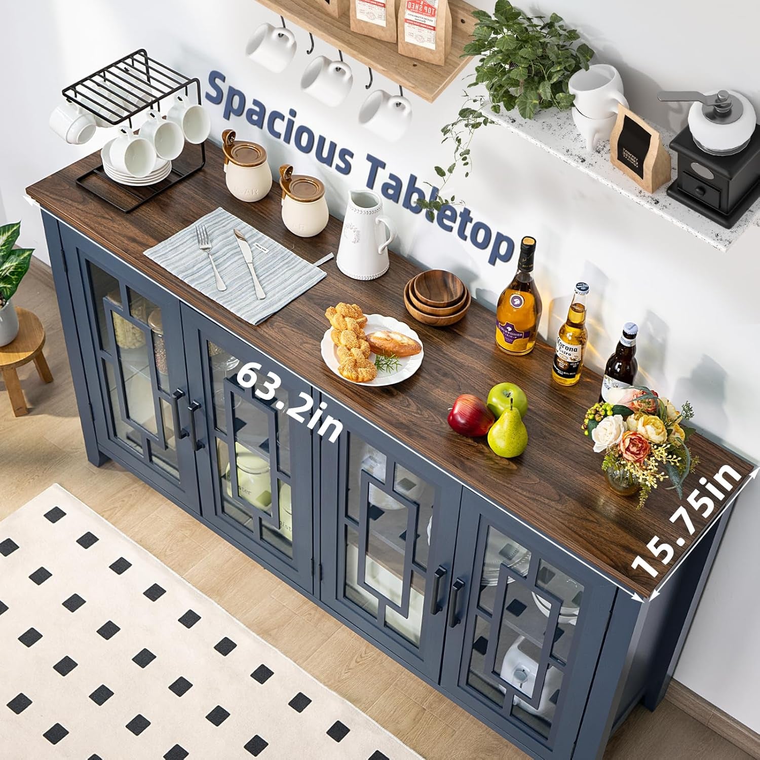 Large Sideboard Buffet Cabinet with Storage, 63" Farmhouse Navy Blue Kitchen Coffee Wine Bar Cabinet with 4 Glass Doors, Mid Century Modern Wood Side Board Table for Dining Room, Living Room