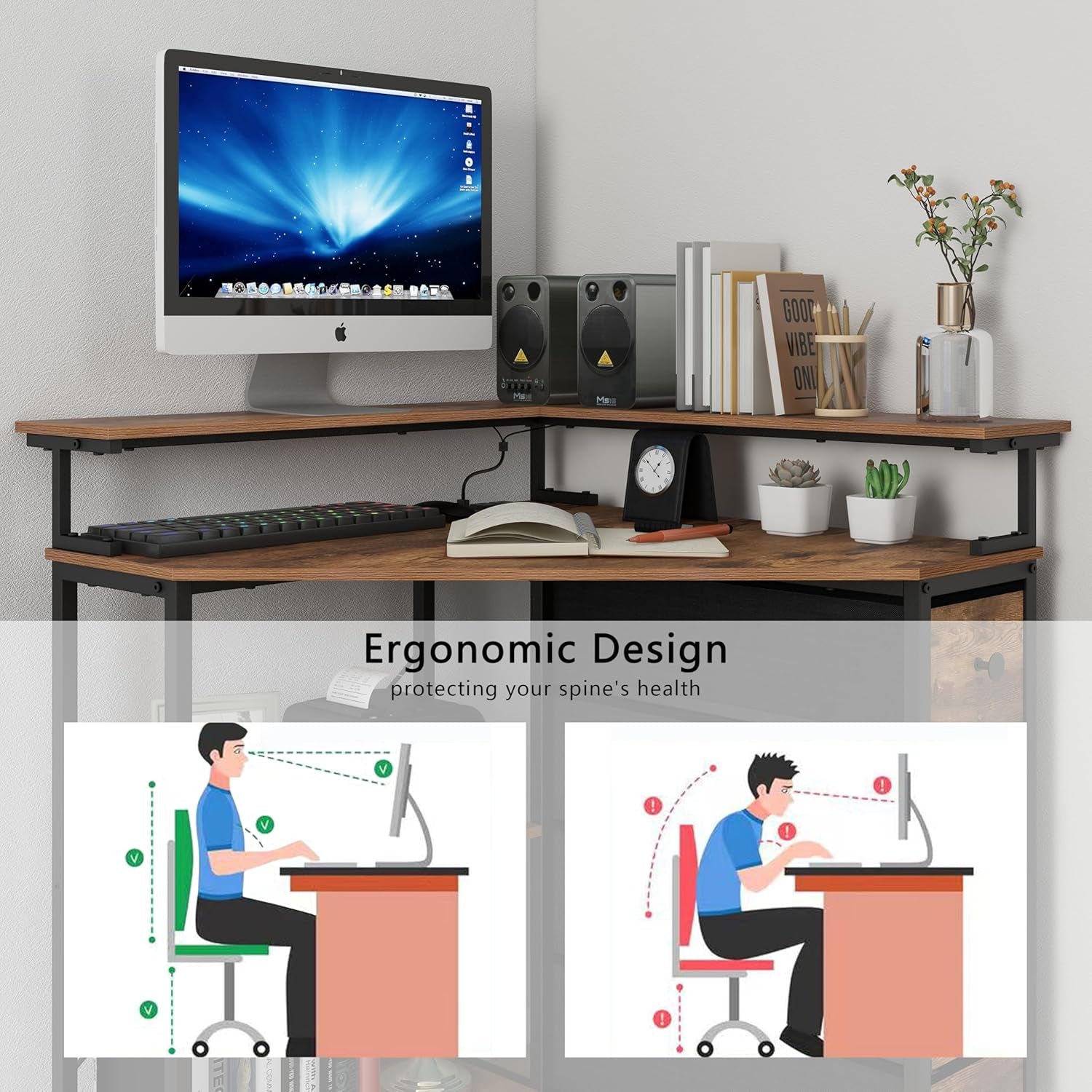 Corner Desk with Drawers Shelves for Small Space 90 Degrees Triangle Computer Desk with Power Outlets,Gaming Desk with LED Lights Monitor Stand for Home Office Workstation Writing Table (Brown)