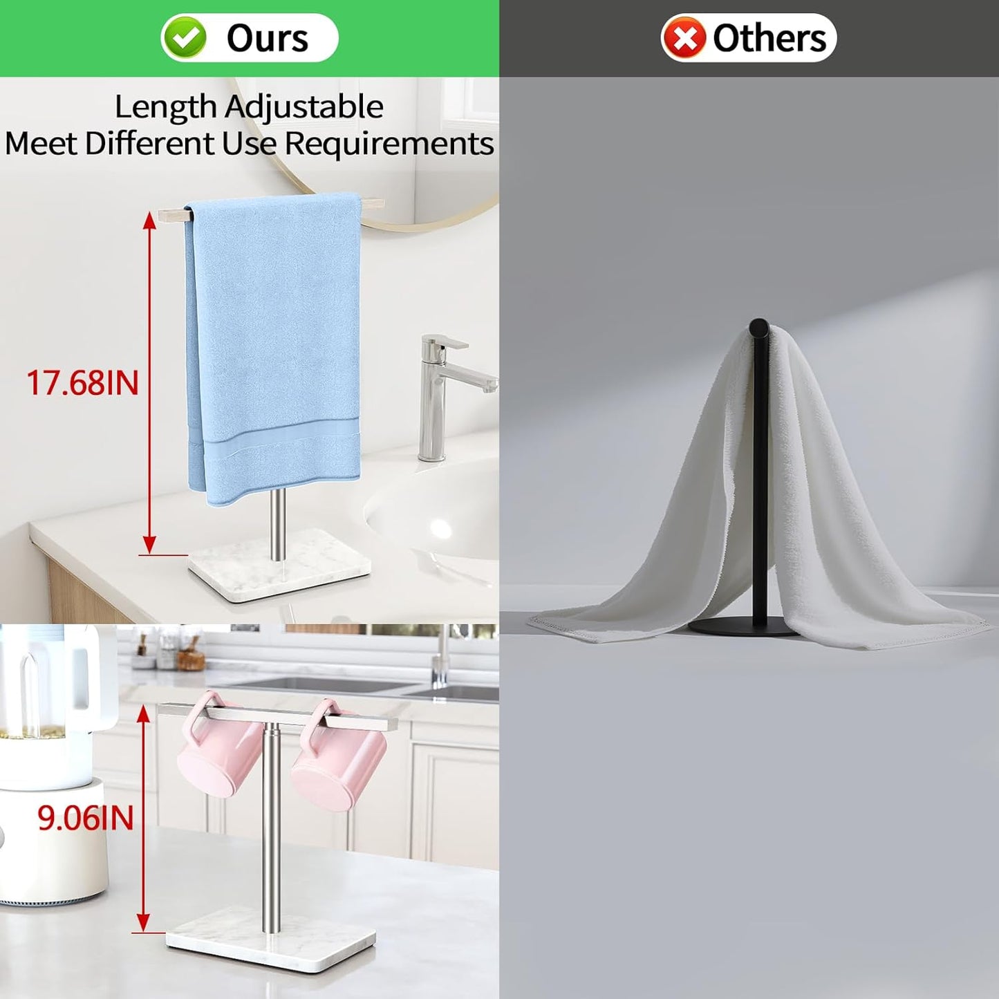 Hand Towel Holder Stand, T-Shape Hand Towel Rack for Bathroom, Hand Towel Stainless Steel for Kitchen Vanity Countertop, Marble Base Brushed Adjustable 9.06" -17.68"