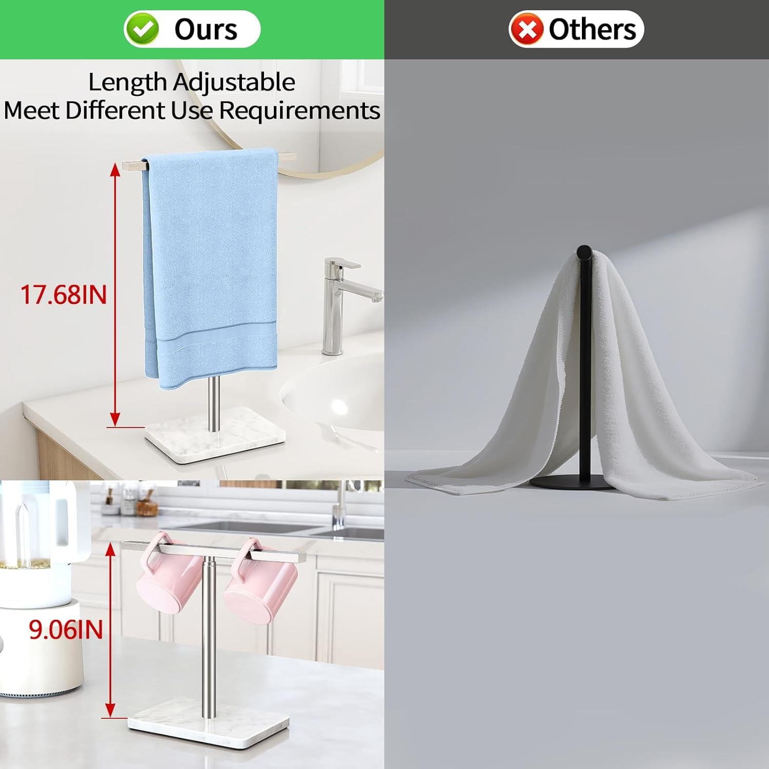 Hand Towel Holder Stand, T-Shape Hand Towel Rack for Bathroom, Hand Towel Stainless Steel for Kitchen Vanity Countertop, Marble Base Brushed Adjustable 9.06" -17.68"