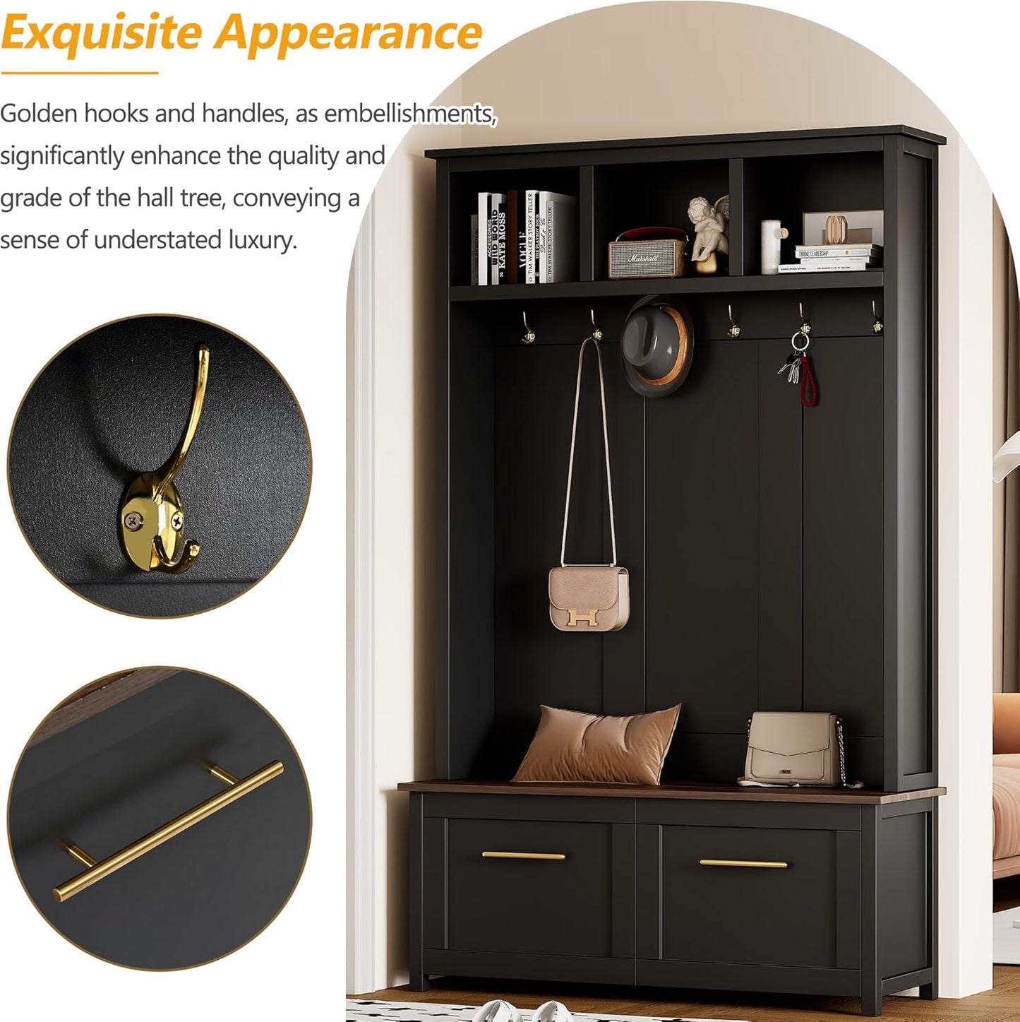 Modern 4-In-1 Storage Hall Tree with Bench, Versatile Multiple Space with 6 Golden Hooks, 2 Drawers, Entryway Coat Rack for Living Room, Hallway, Black