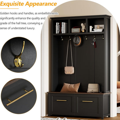 Modern 4-In-1 Storage Hall Tree with Bench, Versatile Multiple Space with 6 Golden Hooks, 2 Drawers, Entryway Coat Rack for Living Room, Hallway, Black