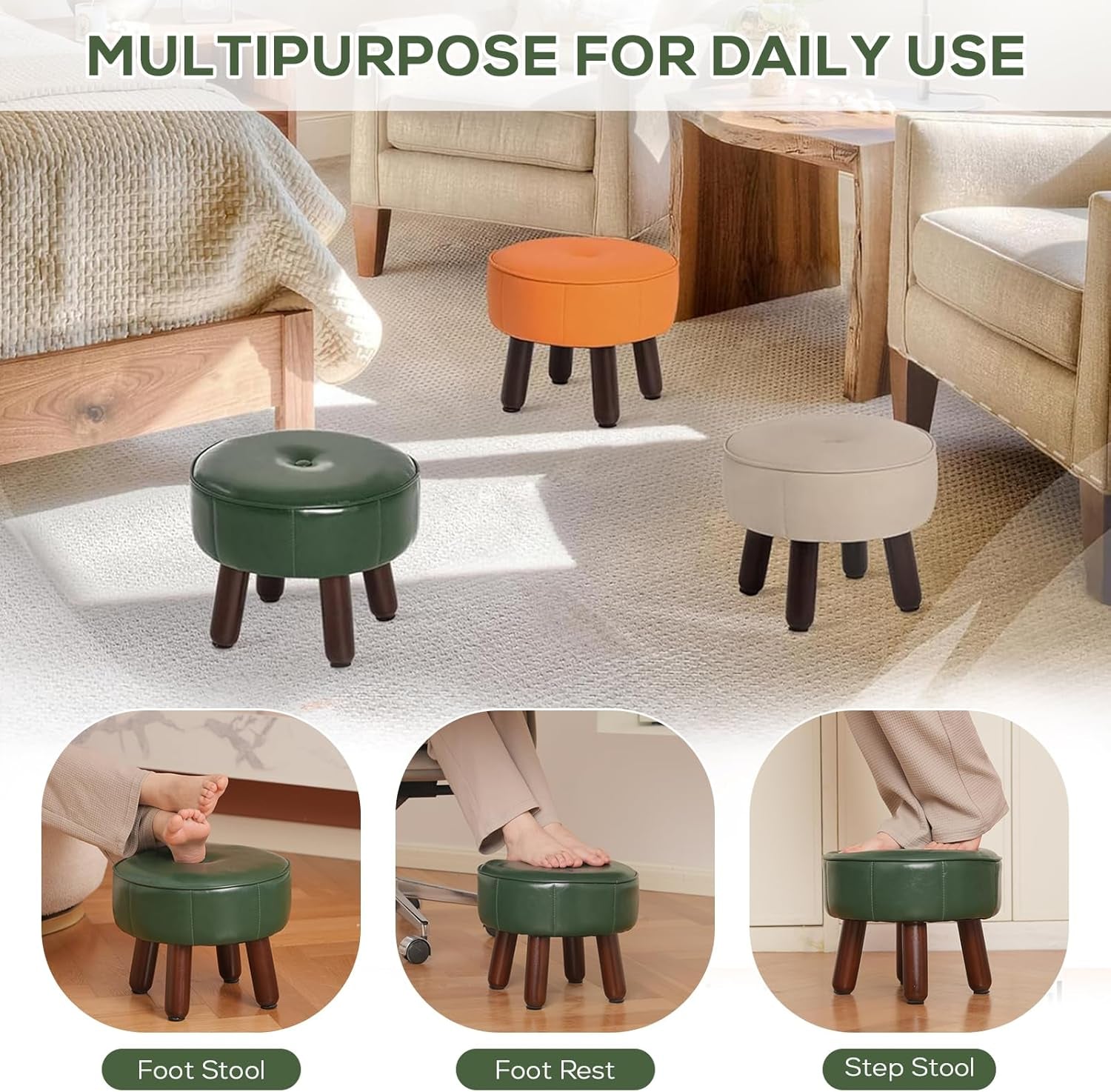 13In Small Foot Stool Ottoman, round Faux Leather Foot Rest for Couch, under Desk Pouf Footstool Footrest with Non-Skid Rubber Legs for Ling Room, Bedroom, 13''L X 13''W X 10.2''H, Green