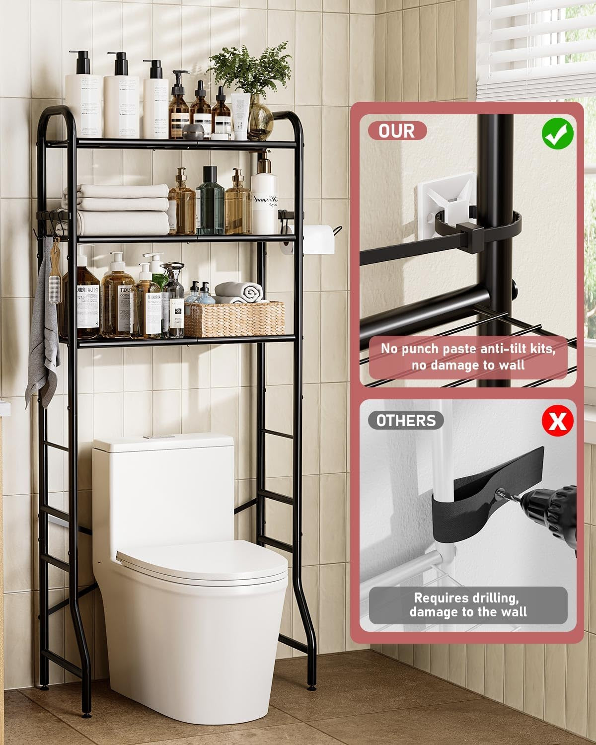 Over the Toilet Storage Rack, 3-Tier Metal Bathroom Organizer with Hooks, over the Toilet Storage Cabinet, Space Saver Shelf for Bathroom, Black, 23.6" X 13.0" X 63.4"