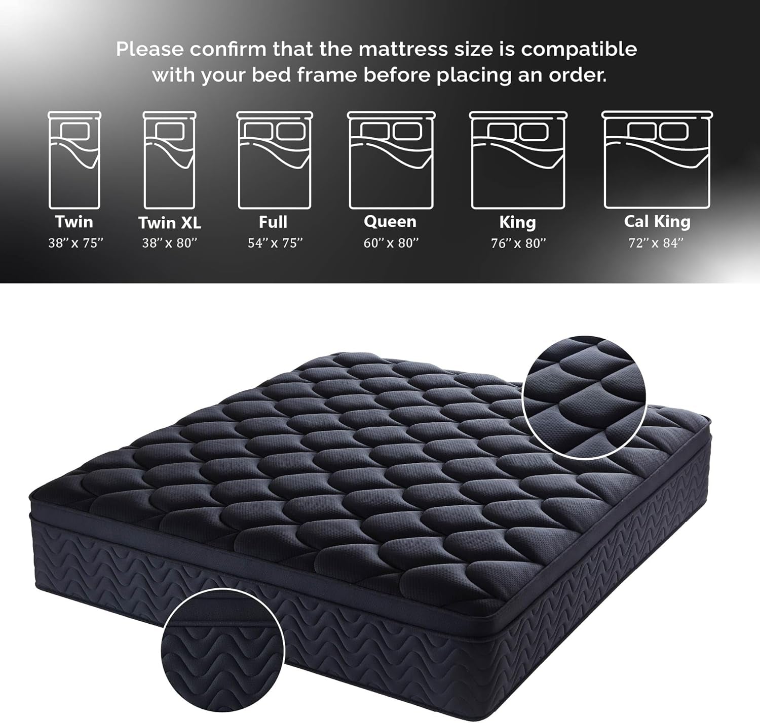 12 Inch Full Size Mattress 54”Wx75”L, Black Individual Pocket Spring Innerspring Mattress with Motion Isolation & Pressure Relief, Mattress in a Box
