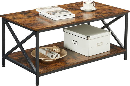 Coffee Table, Cocktail Table with Storage Shelf and X-Shape Steel Frame, Industrial Farmhouse Style, 39.4 X 21.7 X 17.7 Inches, Rustic Brown and Black ULCT200B01V1