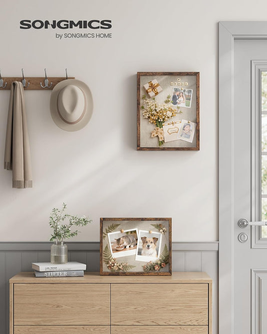 11X14 Shadow Box Frame, Deep Box Frame with Top Slot and Push Pins, Picture Display Case, Linen Fabric Backing for DIY Craft, Glass Front, Gift Idea, Rustic Brown URPF009KD01