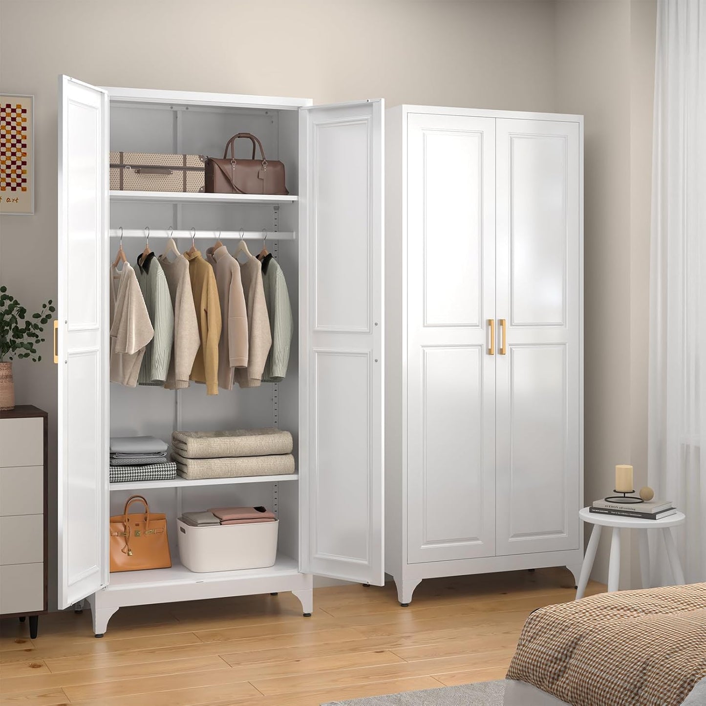 Metal Wardrobe Cabinet with Hanging Rod, 71" Tall Armoire Wardrobe Closet with 2 Doors and Adjustable Shelves, White Clothing Storage Cabinets for Bedroom, Laundry Room, Cloak Room
