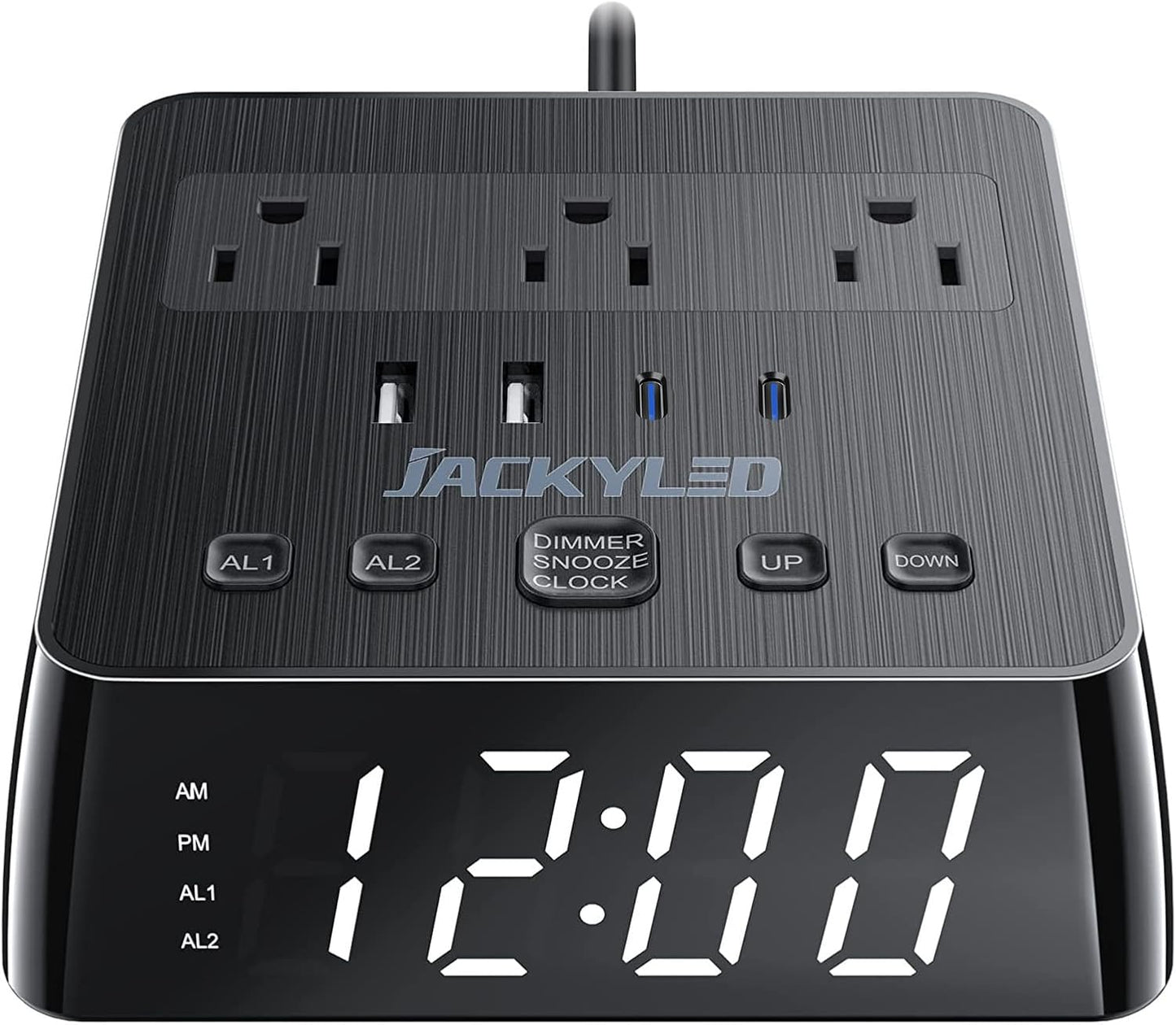 Alarm Clock with 4 USB Chargers Power Strip 3 Outlets 1700J Surge Protector Nightstand Dimmable Digital Clock with Dual Alarm and Snooze Function for Bedroom, Full Screen LED Display