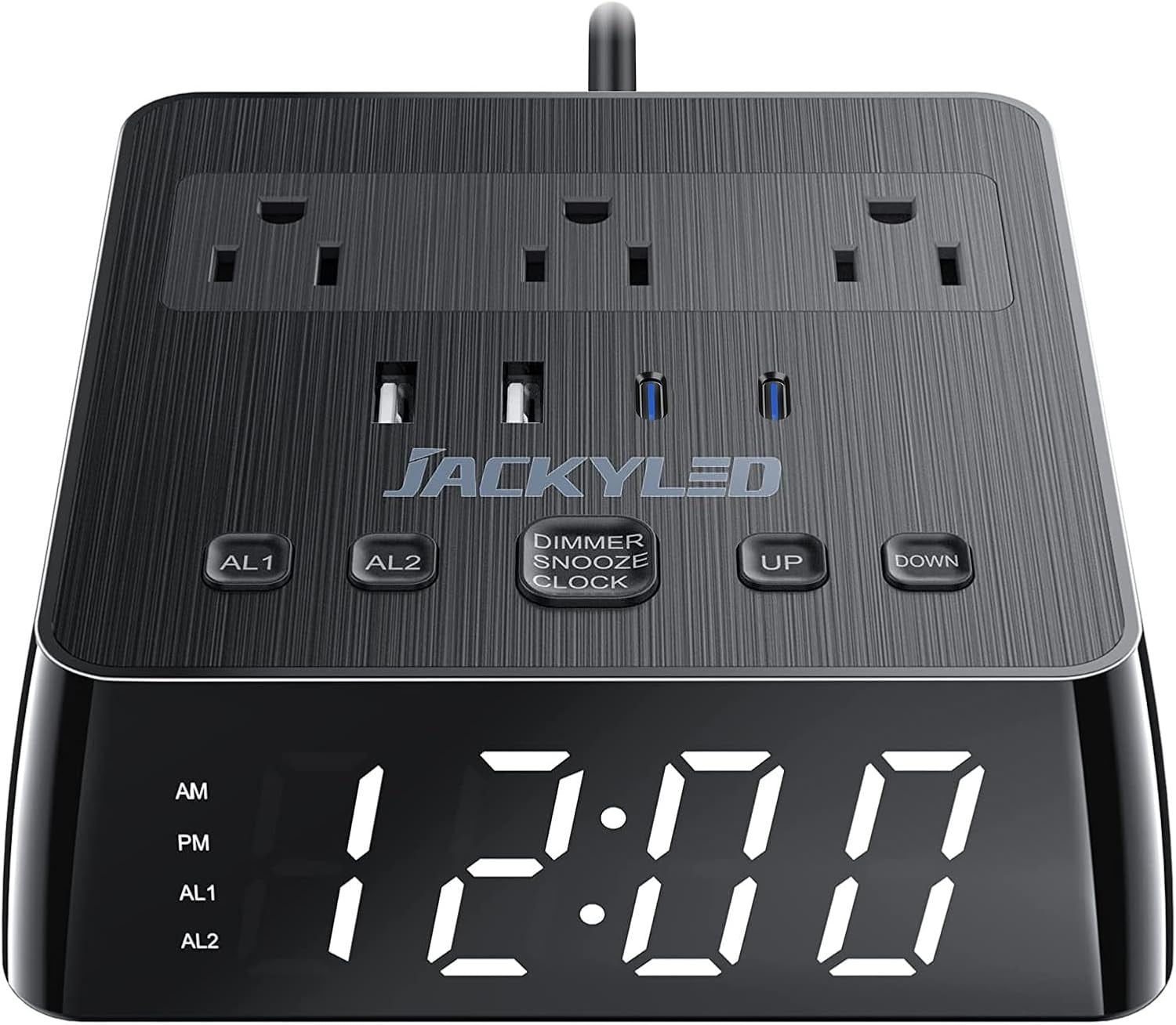 Alarm Clock with 4 USB Chargers Power Strip 3 Outlets 1700J Surge Protector Nightstand Dimmable Digital Clock with Dual Alarm and Snooze Function for Bedroom, Full Screen LED Display