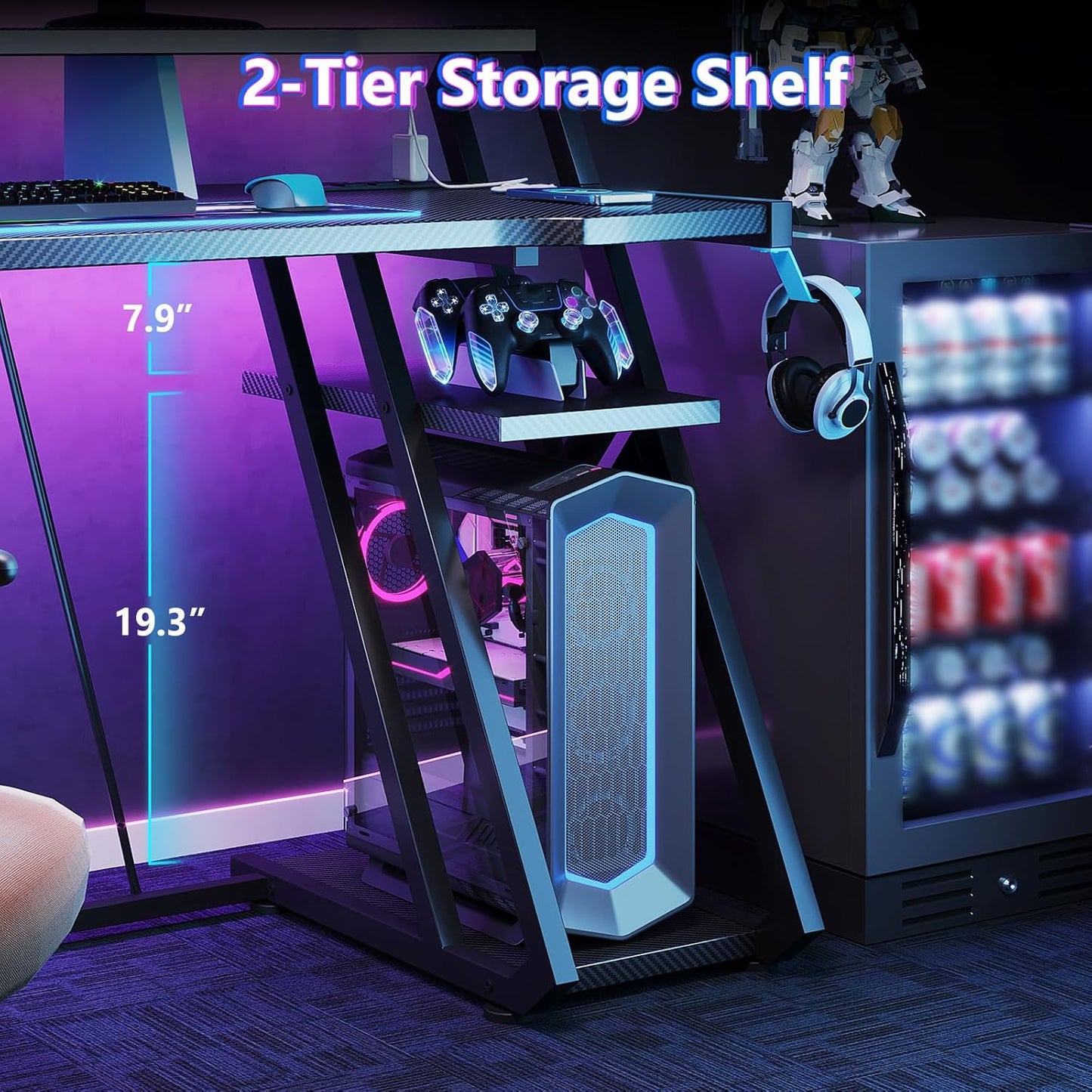 Gaming Desk with Power Outlet & LED Lights, Computer Desk 40 Inch with PC Storage Shelf, Gaming Table with Carbon Fiber Texture, Gamer Desk, Gift for Boys Men, Black