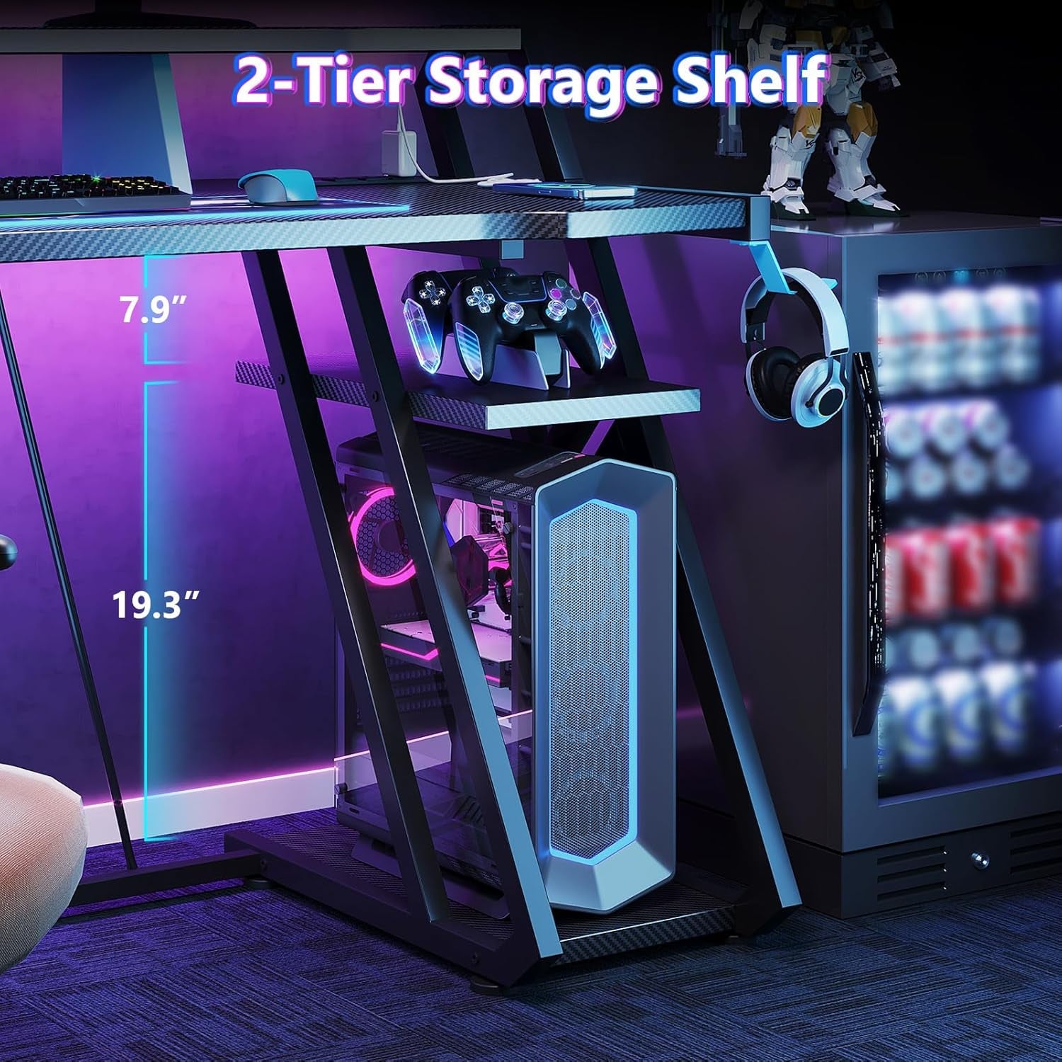 Gaming Desk with Power Outlet & LED Lights, Computer Desk 40 Inch with PC Storage Shelf, Gaming Table with Carbon Fiber Texture, Gamer Desk, Gift for Boys Men, Black