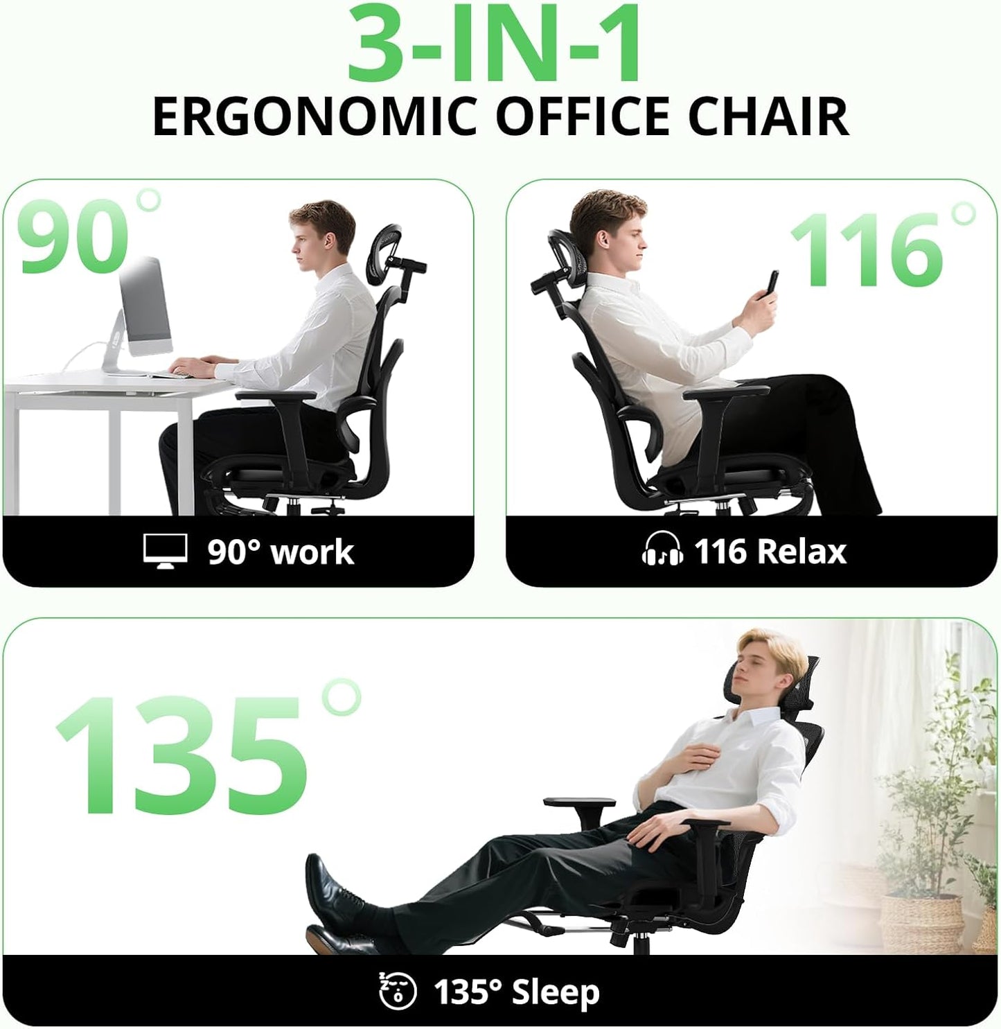 Ergonomic Office Chair with Footrest, Mesh Desk Chair with 135° Recline, Adjustable Lumbar Support, 3D Armrests and Headrest, Swivel Computer Chair for Home Office