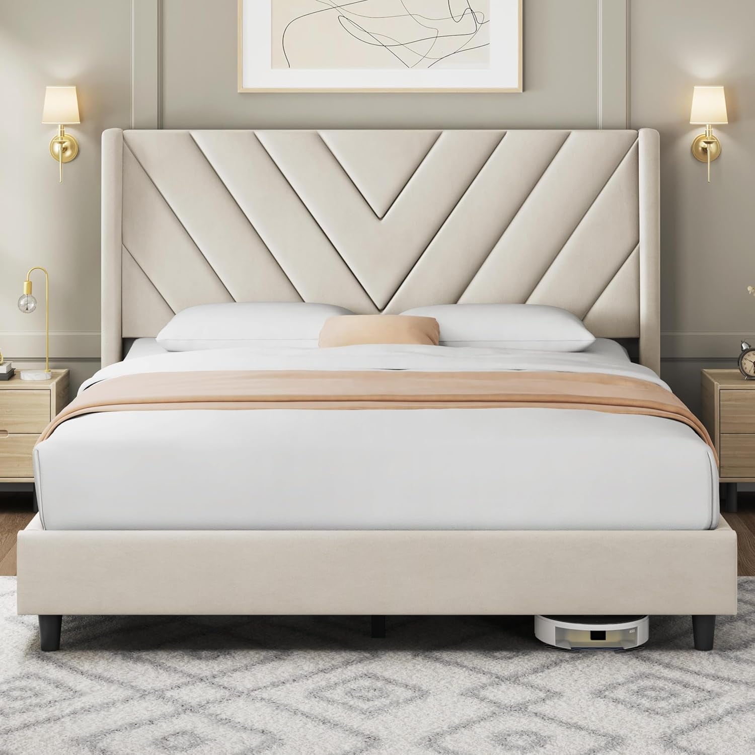 Queen Bed Frame Upholstered Platform Bed with Wing Side/Wooden Slat Support/Tufted Headboard with Wing Side/Mattress Foundation/No Box Spring Needed,Beige Queen Bed