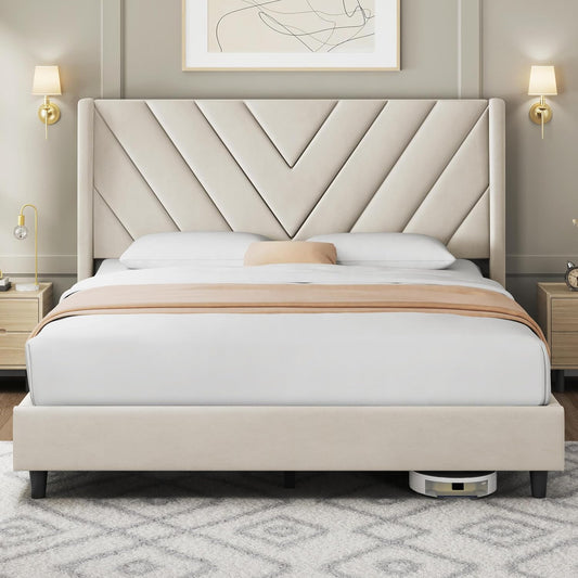 Queen Bed Frame Upholstered Platform Bed with Wing Side/Wooden Slat Support/Tufted Headboard with Wing Side/Mattress Foundation/No Box Spring Needed,Beige Queen Bed