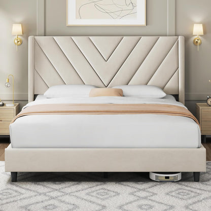 Queen Bed Frame Upholstered Platform Bed with Wing Side/Wooden Slat Support/Tufted Headboard with Wing Side/Mattress Foundation/No Box Spring Needed,Beige Queen Bed