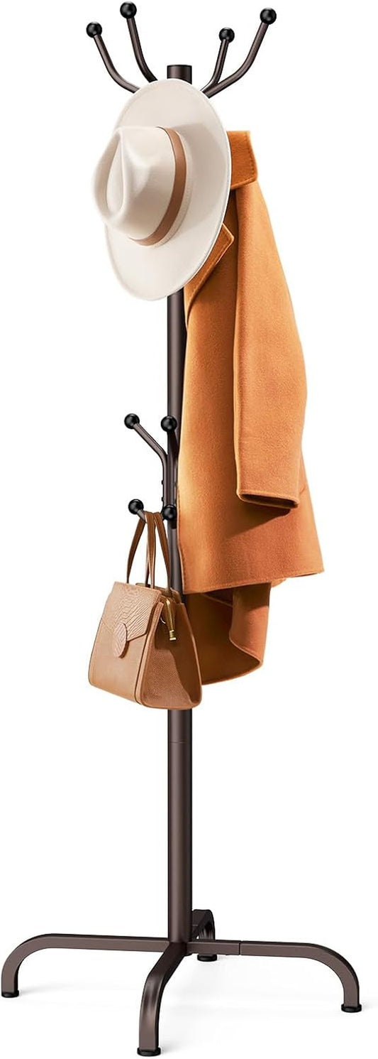 Coat Rack with 14 Hooks, Freestanding Coat Rack Stand for Entryway, Hallway, Bedroom, and Office, Metal Coat Tree & Hat Rack for Coats, Hats, and Bags, Brown