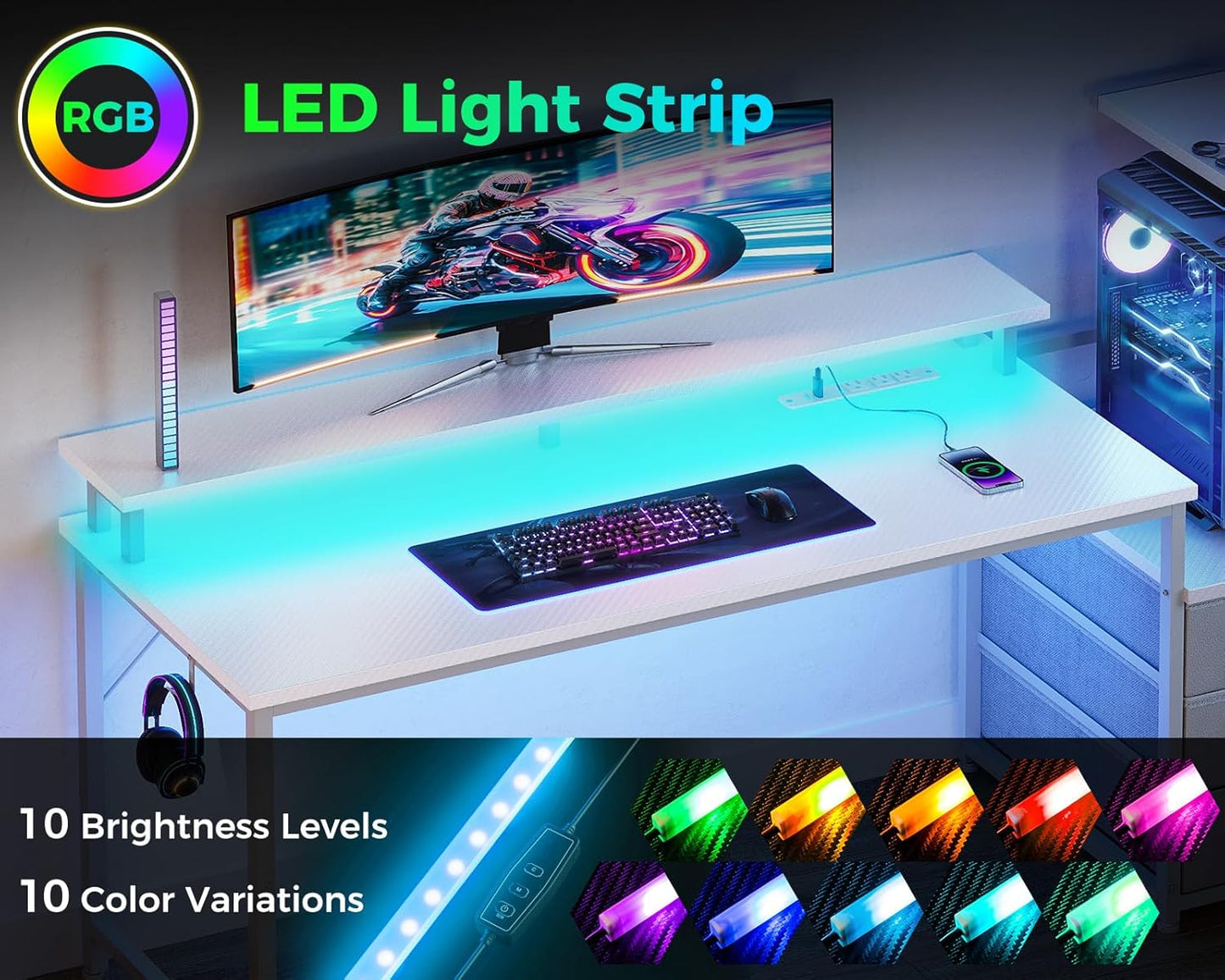 59 Inch Gaming Desk with USB Charging Ports & LED Light - Reversible Computer Desk with 3 Fabric Drawers, Monitor Stand, CPU Stand, and Side Hook, Modern Office Desk, White