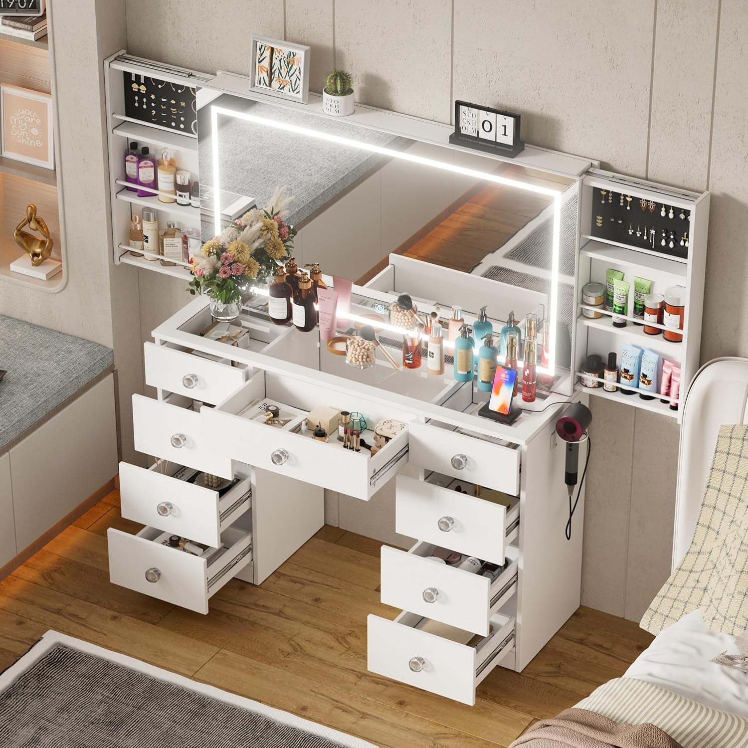 Makeup Vanity Desk with Large Mirror and Lights,White Vanity Table with Glass Top,9 Drawers,3 Color Modes,Sliding 2 Wall Mounted Jewelry Storage Racks,Suitable for Bedroom Ladies and Girls
