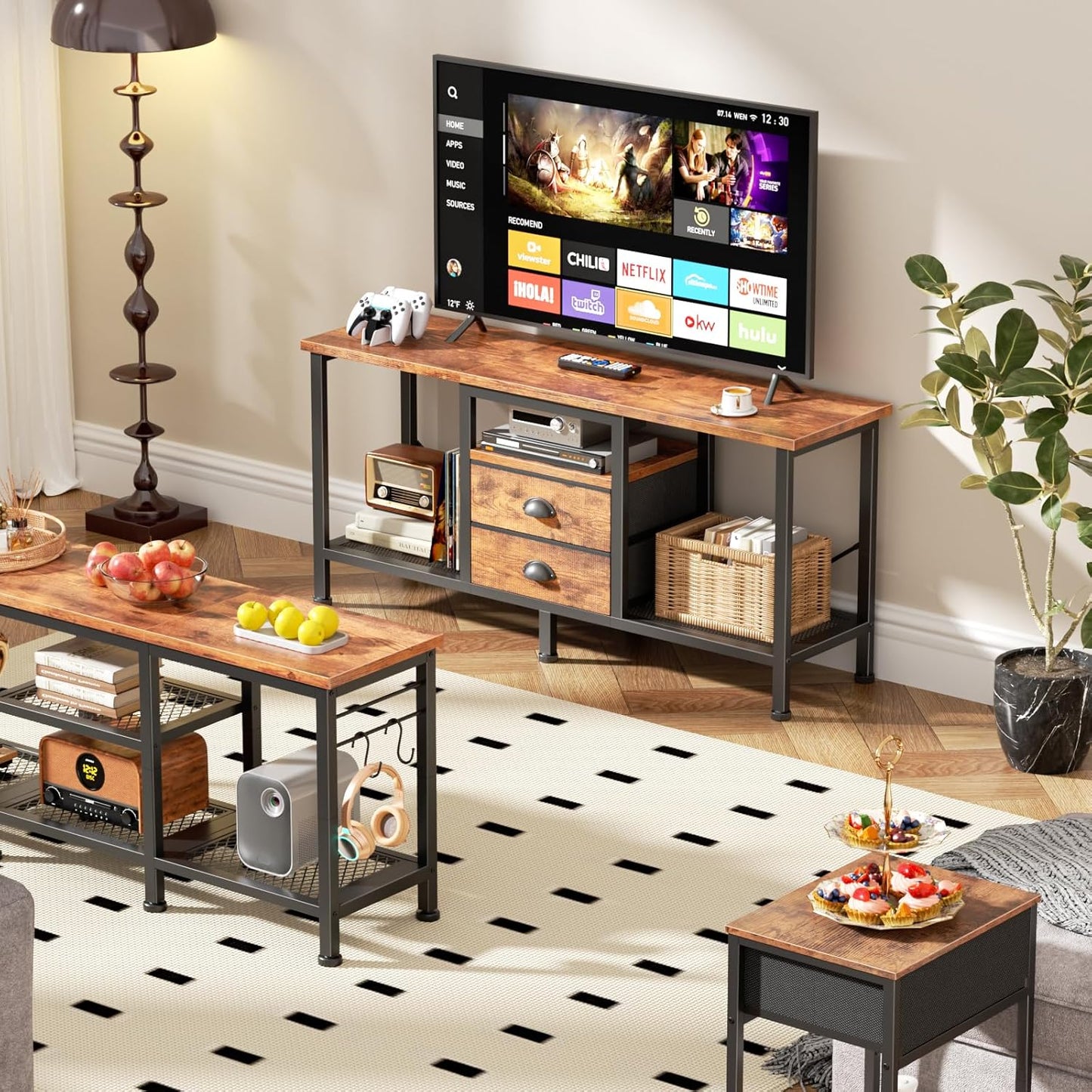 TV Stand with 2 Fabric Drawers, 43 Inch Entertainment Center with Open Storage Shelves, Media Console Table for Bedroom, Living Room, Rustic Brown