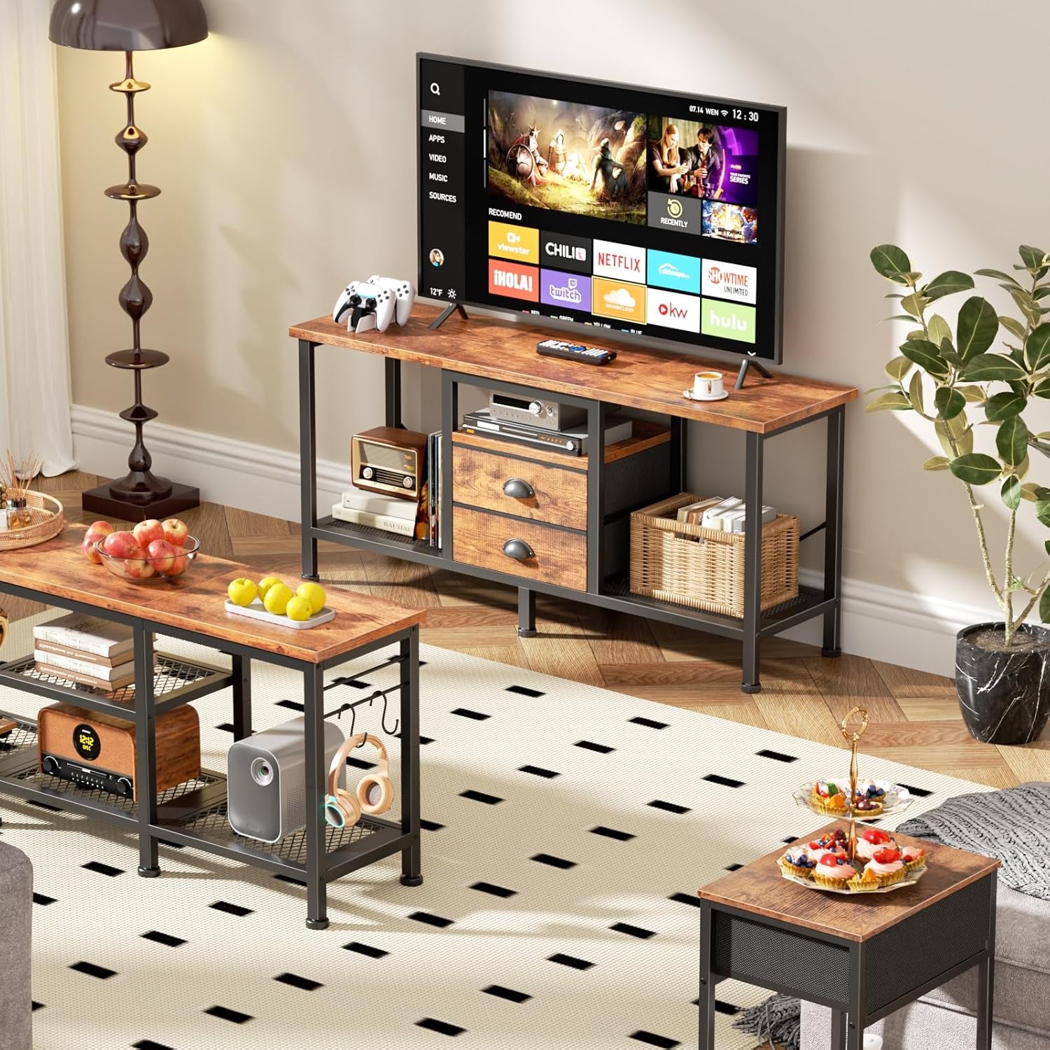 TV Stand with 2 Fabric Drawers, 43 Inch Entertainment Center with Open Storage Shelves, Media Console Table for Bedroom, Living Room, Rustic Brown