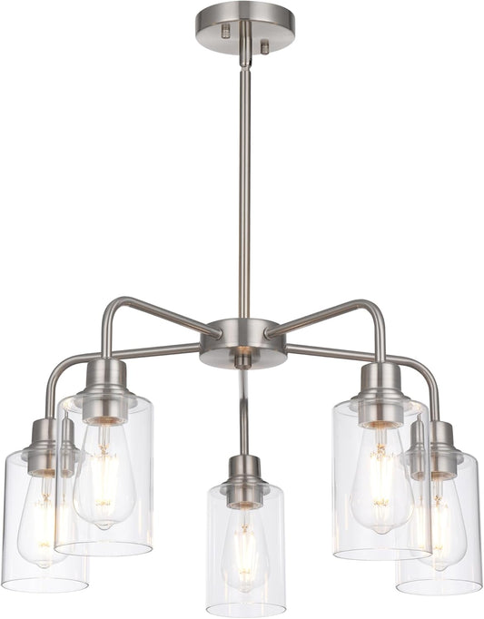 5-Light Brushed Nickel Chandelier with Clear Glass Shades, E26 Base Modern Pendant Light Fixture, Adjustable Swivel Heads Ceiling Lighting, Farmhouse Chandelier for Dining Room Kitchen Hallway