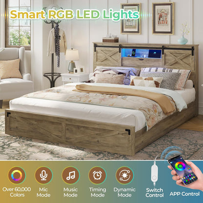 Farmhouse Bed Frame California King Size with Storage Bookcase Headboard, Wooden Cal King Bed with LED Lights, Charging Station, 2 Drawers, Country Rustic Bed Frame with Sliding Barn Door