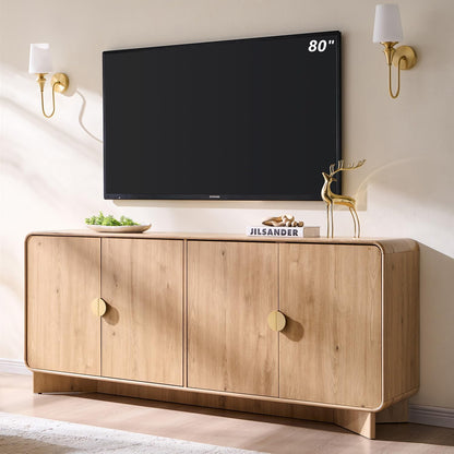 70" Modern TV Stand for Tvs up to 80 Inches, 30" Tall Entertainment Center with Storage and Adjustable Shelves, TV Console with Curved Profile Design, Media Console for Living Room, Natural Oak
