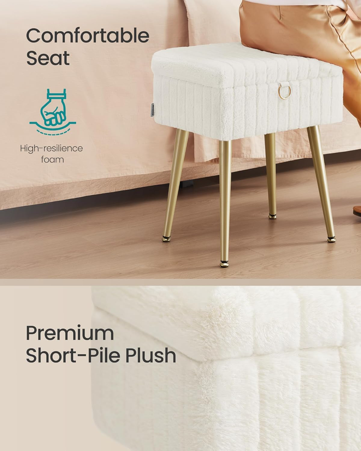 Vanity Stool Chair with Storage, Makeup Stool, Footrest Footstool Ottoman, Metal Legs, Adjustable Feet, for Living Room, Bedroom, Makeup Room, Cream White ULOM505WZ02