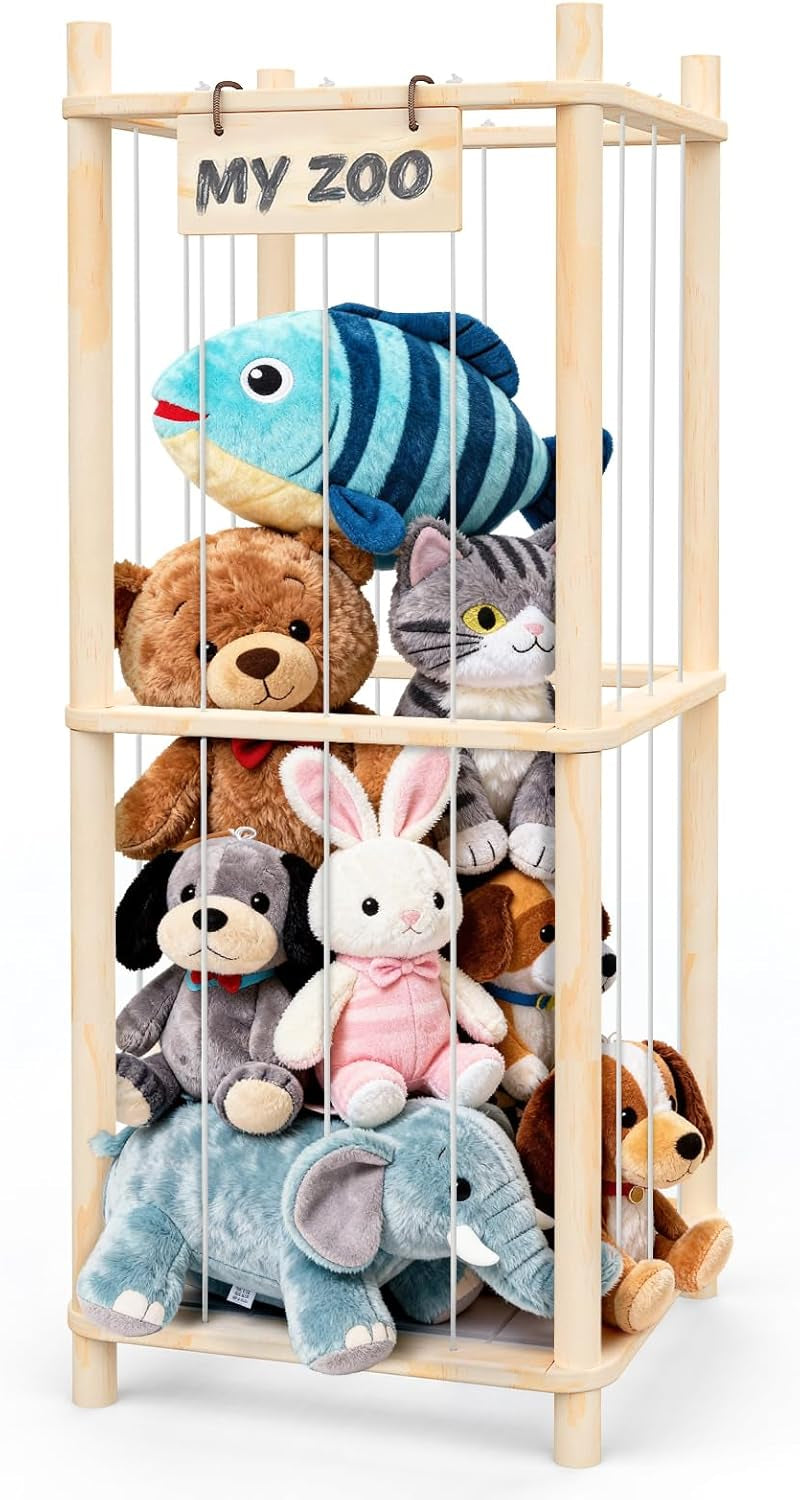 Stuffed Animal Storage Zoo Organizer – Wooden Toy Holder for Toddlers, Cute Plush Toy Cage for Kids’ Room, Playroom & Bedroom, Space-Saving Nursery Organizer with Personalized Nameplate