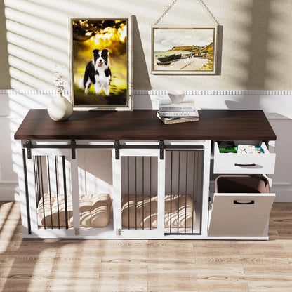 Large Dog Crate Furniture Large Breed,71 Inch Wooden Dog Crate with Tilt Out Trash Cabinet,Drawers,Divider and Sliding Barn Door, Double Doors Dogs Crate for 2 Dogs (Brown)