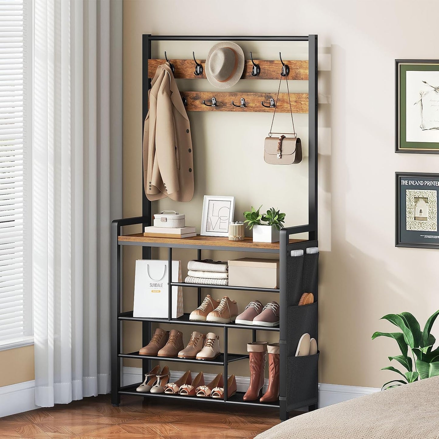 Hall Tree with Bench, Shoe Rack with Coat Rack, Coat Rack with Shoe Storage, 5 Tier Shoe Storage Organizer with Oxford Fabric Side Pockets, Coat and Shoe Rack Entryway, Rustic Brown BF45MT01