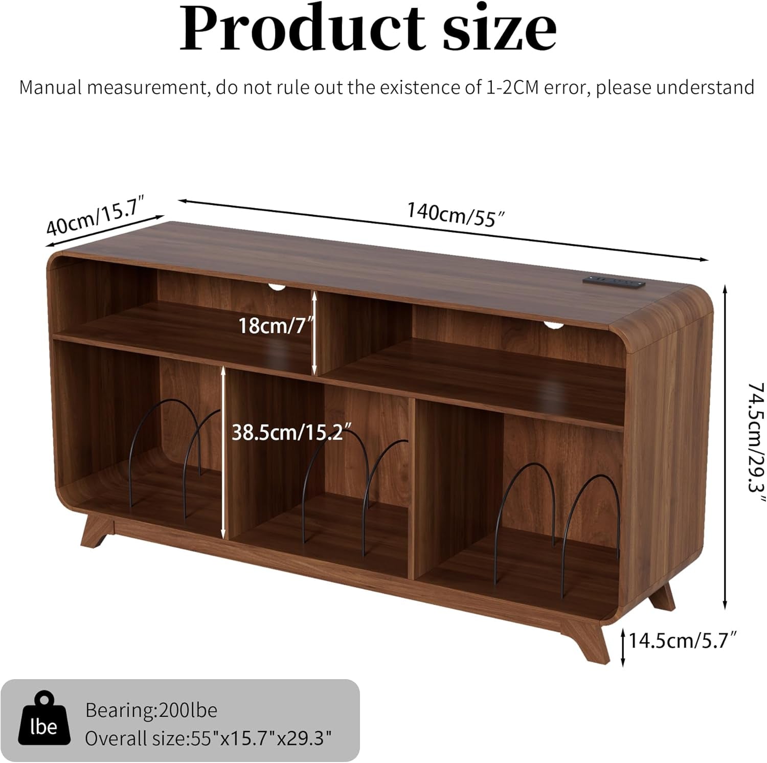 Record Player Stand with Vinyl Storage Cabinet with Charging Station & USB Ports, Turntable Stand Table Holds up to 350 Albums, Curved Vinyl Record Cabinet for Living Room (Walnut, 55-Inch)