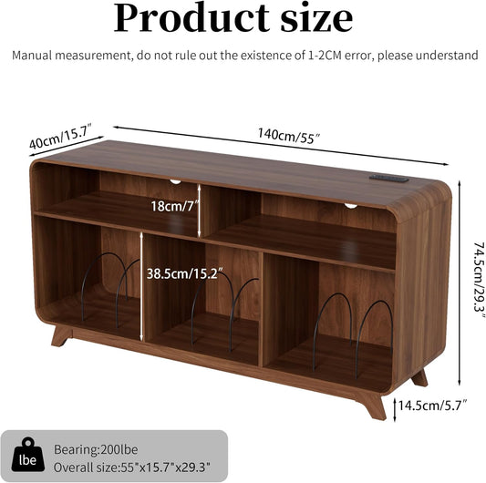 Record Player Stand with Vinyl Storage Cabinet with Charging Station & USB Ports, Turntable Stand Table Holds up to 350 Albums, Curved Vinyl Record Cabinet for Living Room (Walnut, 55-Inch)
