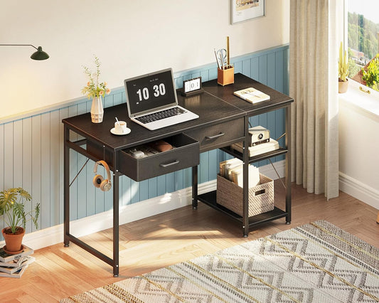 Small Computer Desk with Drawers, 40 Inch Reversible Home Office Desk with Storage Shelves, Study Laptop Vanity Table with Headphone Hooks for Bedroom Small Space, Black
