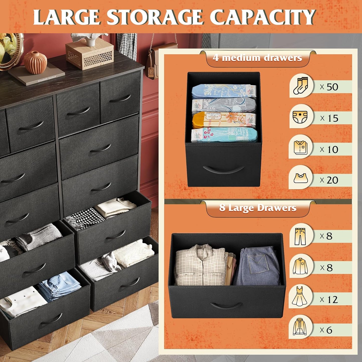 Tall Dresser for Bedroom with 12 Drawers, Dressers & Chests of Drawers, Fabric Dresser for Closet, Living Room, Storage Dressers with Storage Drawers, Steel Frame, Wood Top, Charcoal Black